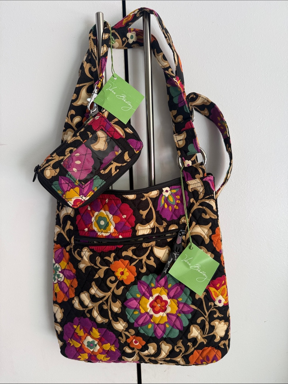 Vera Bradley Black Quilted Floral Shoulder Bag with Matching Pouch
